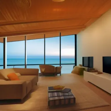 picture of dimly lit living room, minimalist furniture, vaulted ceiling, huge room, floor to ceiling window with an ocean view,