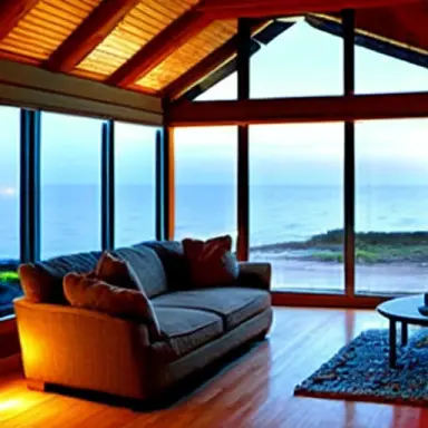 picture of dimly lit living room, vaulted ceiling, huge room, floor to ceiling window with an ocean view, nighttime, pallet furn
