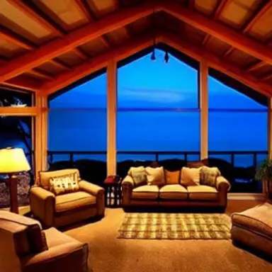 picture of dimly lit living room, vaulted ceiling, huge room, floor to ceiling window with an ocean view, nighttime, pallet furn