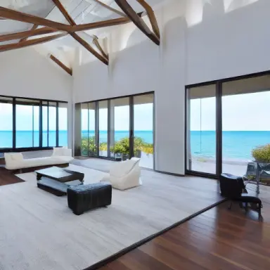 picture of dimly lit living room, minimalist furniture, vaulted ceiling, huge room, floor to ceiling window with an ocean view,