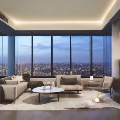 picture of dimly lit living room in a skyscraper, huge room, floor to ceiling window with an city view, nighttime