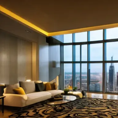 picture of dimly lit living room in a skyscraper, huge room, floor to ceiling window with an city view, nighttime