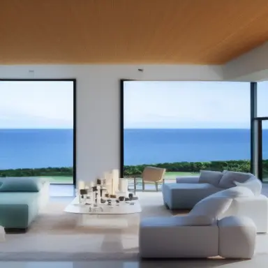 picture of dimly lit living room, minimalist furniture, vaulted ceiling, huge room, floor to ceiling window with an ocean view,