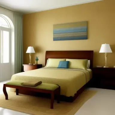 mediterranean luxurious interior bedroom, light walls, textile