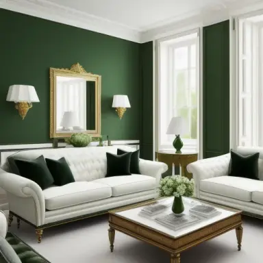 london classic luxurious interior living room, white walls, greenary