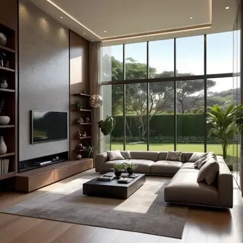 ultra detailed modern interior design, living room, residential design, floor to ceiling windows, and garden landscape