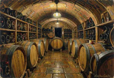 oil painting of a wine cellar