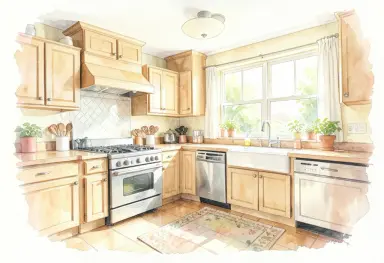 watercolor of a sunny kitchen