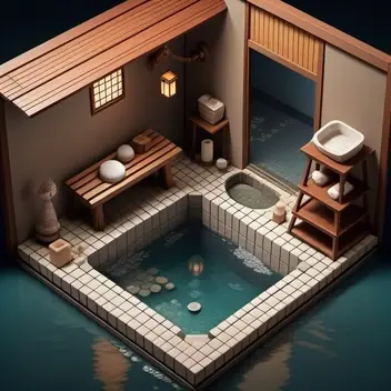 isometric clean pixel art image cutaway of inside of japanese bath house,