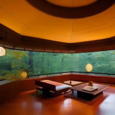 living room with mountain view and green forest, cozy and dramatic lighting, frank lloyd wright interior, japanese lanterns, ken