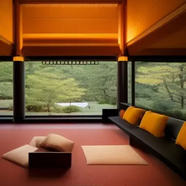 living room with mountain view and green forest, cozy and dramatic lighting, frank lloyd wright interior, japanese lanterns, ken