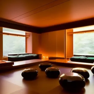 living room in a dramatic lighting, frank lloyd wright interior, japanese lanterns, kengo kuma, sleeping cats in a ball on sofa,