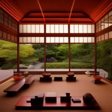 living room in a dramatic lighting, frank lloyd wright interior, japanese lanterns, kengo kuma, artifacts, luxury, mysterious, s