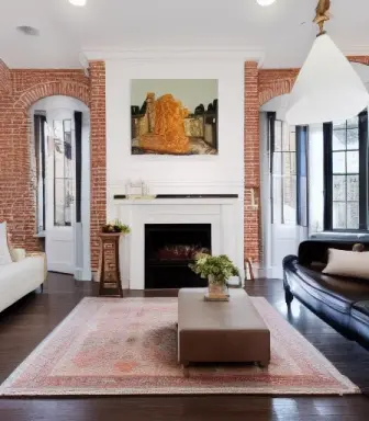 view of a living room kitchen combination, long view, kitchen in back, painted brick walls in white, fireplace with art over the