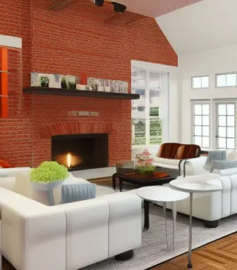 view of a living room kitchen combination, long view, kitchen in back, painted brick walls in white, fireplace with art over the