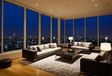 photograph of a penthouse living room at night floor to ceiling windows city lights warm lamps