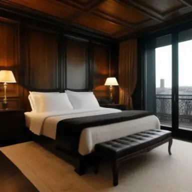 Parisian luxurious interior penthouse bedroom, dark wooden walls