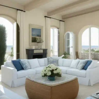 south french mediterranean luxurious interior living room, white walls, flowers in vases, shatters