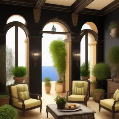 mediterranean luxurious interior terrace, dark walls, flowers plants, antique