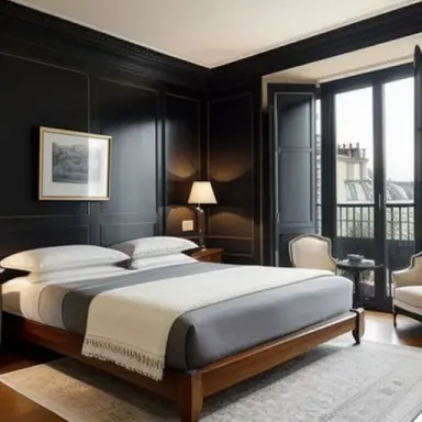 Parisian luxurious interior penthouse bedroom, dark walls, wooden panels