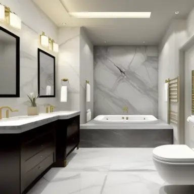 luxurious chic interior bathroom, light walls, marble ardeco