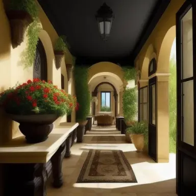 mediterranean luxurious interior veranda, dark walls, flowers plants, antique