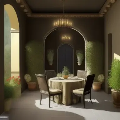 mediterranean luxurious interior terrace, dark walls, flowers plants, antique