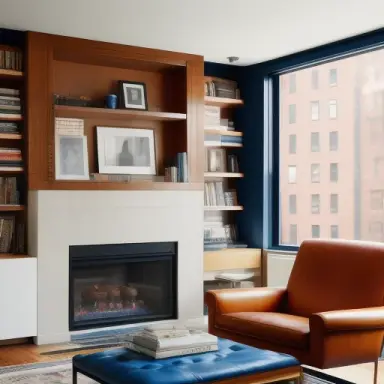 Editorial Style Photo, Eye Level, Modern, Living Room, Fireplace, Leather and Wood, Built in Shelves, Neutral with pops of blue,