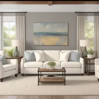 Design a luxurious living room with timeless, high quality furnishings inspired by modern farmhouse styles, reimagined modern ae