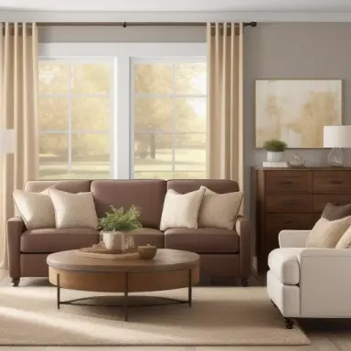 Design a luxurious living room with timeless, high quality furnishings inspired by modern farmhouse styles, reimagined modern ae