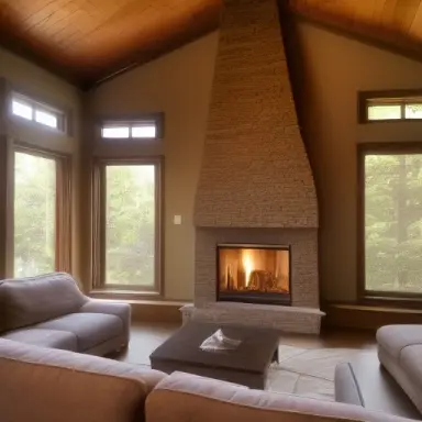 dark room with volumetric light god rays shining through window onto stone fireplace in front of cloth couch