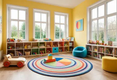 photograph of a colourful children playroom with a reading corner wooden toys and big windows soft light
