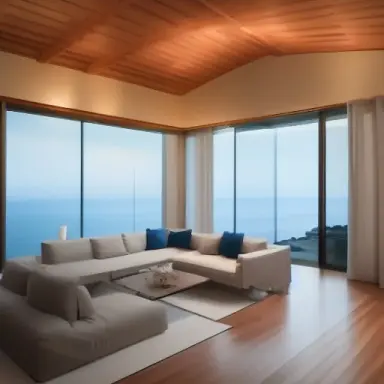 picture of dimly lit living room, minimalist furniture, vaulted ceiling, huge room, floor to ceiling window with an ocean view,