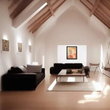 interior design picture of dimly lit living room, minimalist furniture, vaulted ceiling, huge room, nighttime