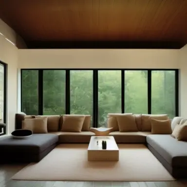 interior design picture of dimly lit living room, minimalist furniture, vaulted ceiling, huge room, floor to ceiling windows, ni