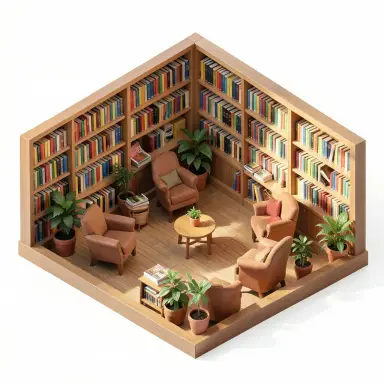isometric cutaway of a cozy bookshop cafe shelves full of colourful books armchairs plants warm daylight