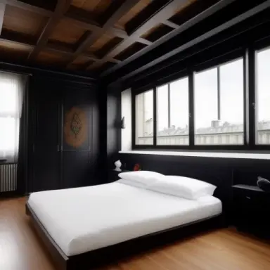Parisian luxurious interior penthouse bedroom, dark walls, wooden panels, white ceiling