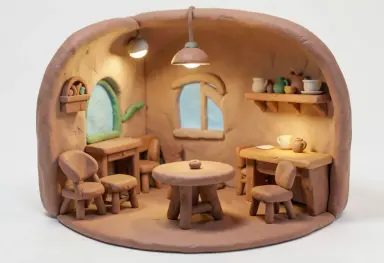 claymation style render of a tiny cozy cafe interior round shapes soft clay texture