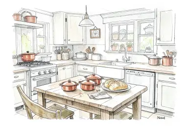 ink line drawing with light watercolor of a rustic farmhouse kitchen copper pots bread on the table