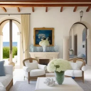 south french mediterranean luxurious interior living room, white walls, flowers in vases, shatters