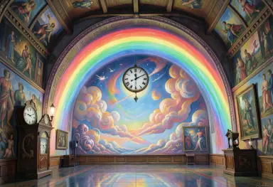 a station clock hall with a rainbow fading surrealist painting