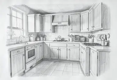 pencil drawing of a cottage kitchen