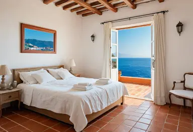 photograph of a mediterranean bedroom with white linen terracotta floor and a window open on the sea bright