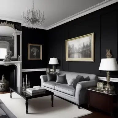 london classic luxurious interior living room, dark walls, silver decor