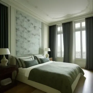 Parisian luxurious interior penthouse bedroom, light textile walls