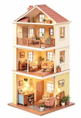 cutaway dollhouse illustration of a three storey townhouse each room furnished differently warm cheerful