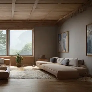 a relaxing room with a wooden table and a big sofa and paintings on the wall high quality 8 k architecture symmetrical harmonious comp 0