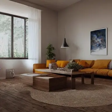 a relaxing room with a wooden table and a big sofa and paintings on the wall high quality 8 k architecture symmetrical harmonious comp 2