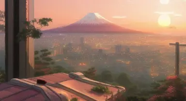 super high quality landscape, in the( (sunset) )light, Overlooking TOKYO beautiful city with ((one)) small Fujiyama， from a tall