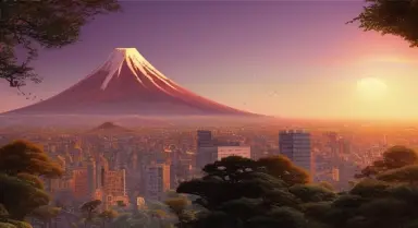 super high quality landscape, in the (sunset) light, Overlooking TOKYO beautiful city with ((one) small Fujiyama)， [water] on th